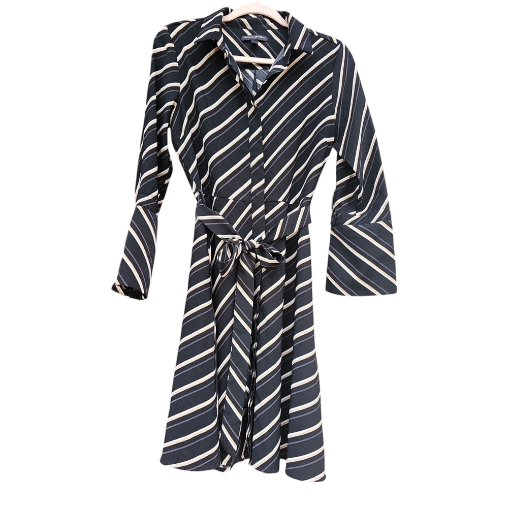 Banana Republic Striped Black with White Gold Stripes Belted Collar Dress Size 6